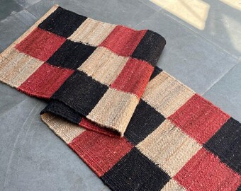 Red With Natural Checked Hemp Jute Runner Rug,Boho Home Decor Livingroom Hallway Runner, Custom Size Large Floor Area Rug,Indian Hemp Runner