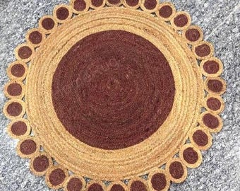 Braided Scalloped Jute Round Rug, Handmade Natural & Brown Area Rustic Farmhouse Floor Carpet, Eco Friendly Living Room Decor