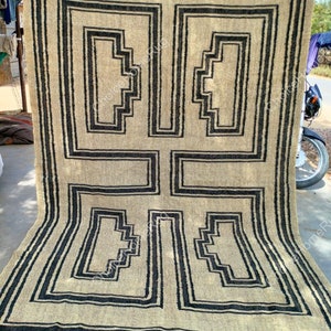 Black Beige Wool Jute Kilim Rug: Boho Indian Handmade Floor Rug