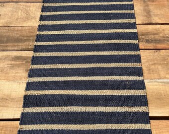 Handmade Hemp Jute Striped Runner Rug, Natural Black Jute Hallway Woven Farmhouse Kitchen Runner, Rustic EntrywayEco Friendly Floor Carpet