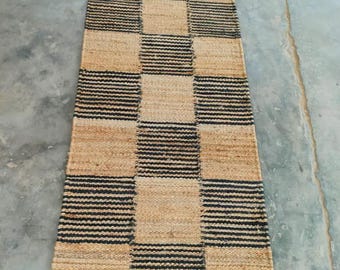 Black Natural Striped  Hallway Jute Runner-Boho Home Decor Livingroom Patio Rug, Large Floor Area Custom Size Indian Handmade Rug, 2 x 20 Ft