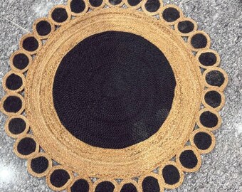 Black Scalloped Braided Jute Round Rug, Natural Fiber Living Room Bedroom Dinning Carpet,Large Floor Area Custom Size Rug