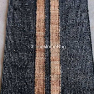 3x5 ft Black Hemp Beige Line Jute Runner Rug,Custom Size Large Floor Area Hallway Rug,Boho Home Decor Livungroom Bedroom Entryway Jute Rugs