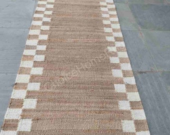 Natural Hemp Jute Runner Rug With Ivory Border, Handwoven  Hallway Runner, Eco Friendly Rustic Farmhouse Rug, Custom Jute Runner, 2 x 20 ft