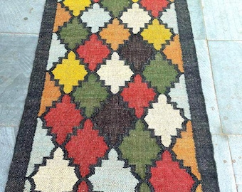 Rainbow Checkered  Wool Jute Kilim Runner Rug, Handwoven Geometric Diamond Colorful Boho Hallway Tribal Style Handmade Rug