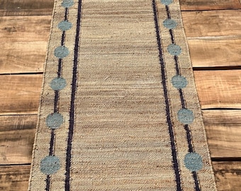 Handwoven Natural Jute Runner Rug, Sky Blue Circle Border, Blue Striped Jute Carpet, Eco Friendly Hallway Runner,Farmhouse Boho Floor Runner
