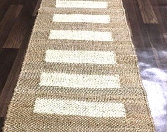 Handmade Jute Runner Rug, White Stripe Boho Decor, Custom Size