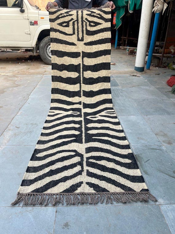 Zebra Runner Rug, Black Cream Wool Jute Rug, Handmade Zebra Stripe Runner, Boho Hallway Rug, Animal Print Runner, Tribal Farmhouse Decor