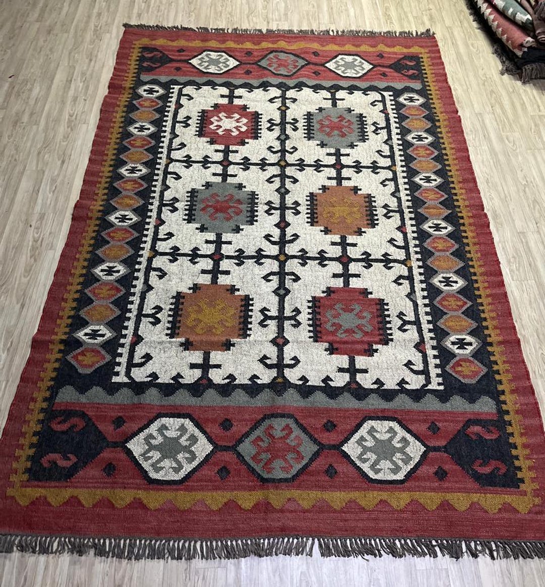 Red White Moroccan Sustainable Natural Fiber Wool Jute Kilim Rug,living ...