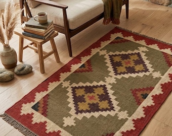 Handmade Jute Wool Rug, Southwestern Kilim Rug, Geometric Aztec Area Rug, Rustic Boho Entryway Mat, Tribal Flatweave Runner