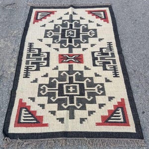 Handwoven Wool Jute Kilim Rug: Red, Black, and White Boho Decor