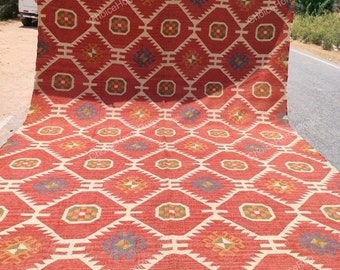 Red & White Checked Kilim Rug: Boho Wool Jute Aztec Rug
