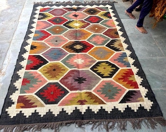 Handmade Wool Jute Kilim Rug, Geometric Flat Weave Entryway Rug, Boho Living Room Bedroom Rug, Rustic Large Floor Area Custom Size Carpet