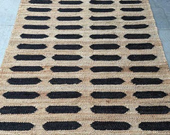 Handmade Hemp Jute Area Rug, Abstract Geometric Natural Black Flatweave Rug,Living Room Bedroom Modern Boho Eco Friendly Rug