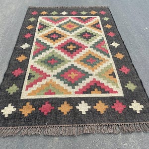 Black Rainbow Check Wool Jute Kilim Rug: 5x8 ft Handmade Ethnic Carpet