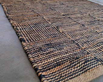 4x7ft Black Beige Striped Check Jute Rug,Boho Home Decor Livingroom Bedroom Rustic Rug,Custom Size Large Floor Area Hallway Indian Jute Rugs