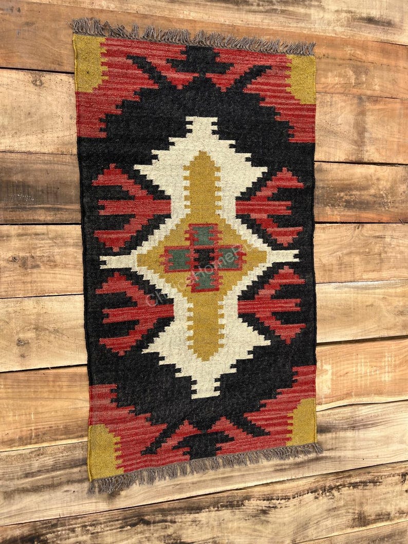 Red Black Sustainable Wool Jute Living Bedroom Hallway Dorm Kilim Rug