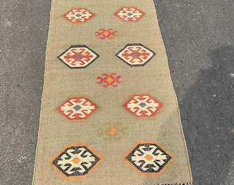 Indian Handwoven Wool Jute Kilim Runner Rug, Trible Handmade Living Room Bedroom Hallway Rug, Custom Size Floor Area Carpet
