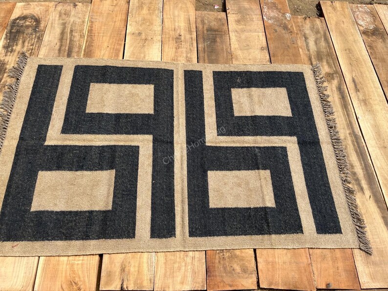 Sustainable Black Beige Wool Jute Kilims Rugs,natural Fiber Large Floor