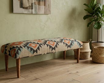 Handmade Kilim Bench, Upholstered ottoman for Bedroom, Entryway Bench with Wooden Legs, Farmhouse Decor Stool, Bohemian Footstool
