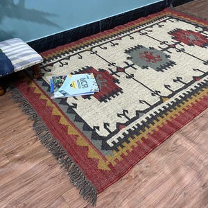 Handmade Wool Jute Kilim Rug: Boho Black White Geometric Rug