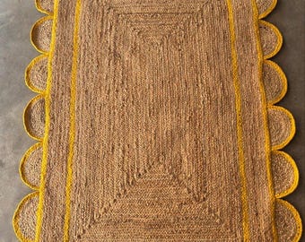 Scalloped Braided Jute Rug,Handmade Natural Fiber Boho Rustic Area Rug, Yellow Border Large Floor Custom Size Carpet