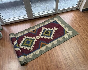 Red Green Wool Jute Kilim Runner Rug, Flatweave Hallway Stairs Long Corridor Runner,Living room bedroom custom size Carpet