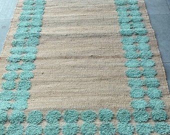 Handmade Hemp Jute Rug with Wool Floral Border, Natural Large Area Boho Farmhouse  Living Room Bedroom Carpet,Custom Size Big Rug