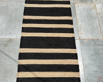 Black Jute Stairs Runner Rug 2x6 ft-Natural Stripped Pattern Long Runner of Stair, Custom Runner for Stair,Hallway black jute runner