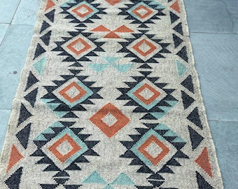 Southwestern Wool Jute Kilim Runner Rug , Handmade Tribal Hallway Stairs Boho Flat Weave Entryway Rug ,Rustic Corridor Carpet