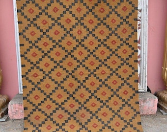Mustard Wool Jute Handmade Flatweave Area Rug, Geometric Boho Indian Kilim Carpet, Living Room Bedroom Custom Size Rug