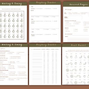 May include: A collection of printable planner pages with a brown border. The pages include sections for waiting and timing, prophecy tracking, answered prayers, and a fruit basket. The pages have a minimalist design with text and line drawings.