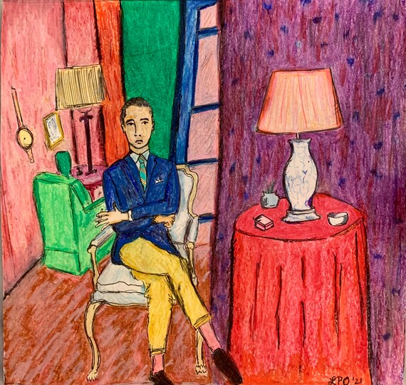 Original Artwork Pastel and Ink on Paper man in Sitting Room Etsy