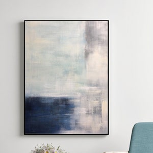 Blue Grey Abstract Painting, Minimal Acrylic Simple Gray Canvas Art, Blue Wall Art For Minimalist Decor