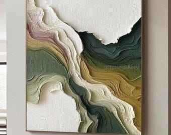 Large Abstract Textured Mountain Painting, Abstract Textured Green Acrylic Painting. Horizontal Modern Impasto Canvas  Living Room Decor