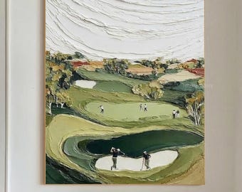 Golf Course On Mountain Painting Texture Golf  Wall Art Green Golf Gift for Men Golf Sports Art Luxury Golf Art for Office