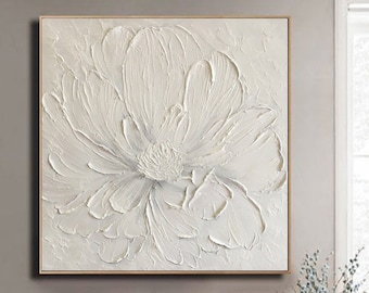 Minimalistische weiße Blumen-Ölgemälde auf Leinwand 3D weiße abstrakte Malerei große strukturierte Kunst ursprüngliche Blumenwand-Kunst-Wohnzimmer-Dekor