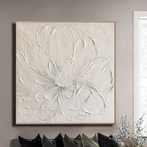 Minimalist White Flower Oil Painting On Canvas 3D White Abstract Painting Large Textured Art Original Floral Wall Art Living Room Decor