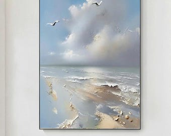 Original painting hand-drawn beach canvas oil painting,Large sea waves painting,Living room decor