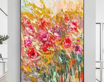 Flower Oil Painting Palette Knife Floral Abstract Oil Painting, Heavy Texture Vibrant Rose Field Canvas Art, Wildflower Meadow Wall Decor
