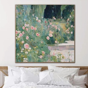 Oil Painting of Blooming Garden with Stone Path – Original Floral Wall Art for Romantic Bedroom Decor