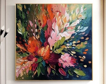 Original Colorful Floral Oil Painting On Canva Bohemian Artist Outfit Blooming Flower Botanical Landscape Art 3D Textured Art Living Room