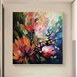 Peinture à l'huile de fleurs sur toile, peinture florale colorée abstraite, décoration murale de fleurs texturées en 3D, peinture personnalisée, décoration de salon minimaliste