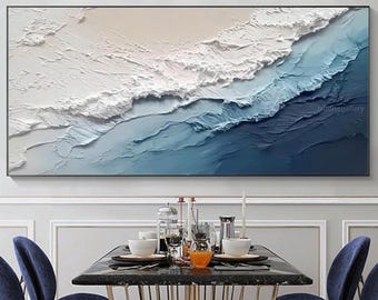 Large hand-drawn abstract 3d blue sea waves oil painting on canvas,Original texture ocean wall art,Living room decor
