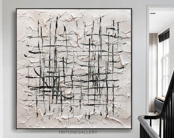 Black and white painting large white textured wall art,Black and white minimalist painting black and white abstract art for living room