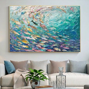 Large Original Fish School Oil Painting on Canvas Canvas Wall Art 3D Textured Fish Painting Abstract Blue Sea Boho Wall Living Room Decor
