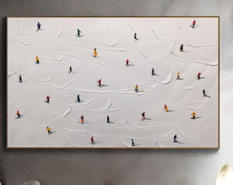 Original ski sport painting on canvas winter decor texture wall art,Personalized gift,winter decor birthday gift