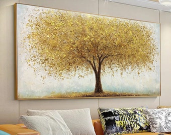 Tree Oil Painting Gold Abstract Art, Large Tree Tower Landscape Painting, Contemporary Textured Gold Tree Painting For Living Room Décor