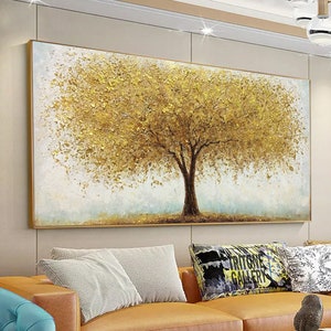 Tree Oil Painting Gold Abstract Art, Large Tree Tower Landscape Painting, Contemporary Textured Gold Tree Painting For Living Room Décor