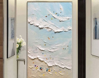 May include: Abstract painting of a beach scene with white waves and blue water. Tiny colorful figures are scattered throughout the painting, representing people enjoying the beach.